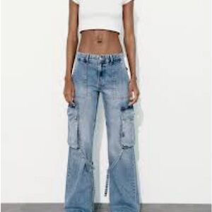 Zara Women's Light Blue Flare Cargo Jeans